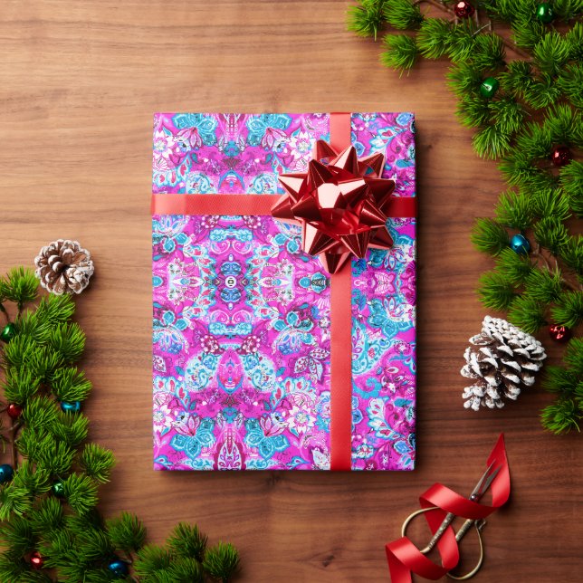 Cute blue pink flowers patterns wrapping paper (Holiday Gift)