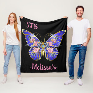 Cute Blue Pink Gold Butterfly Floral Name Birthday Fleece Blanket
