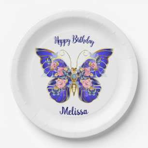 Cute Blue Pink Gold Butterfly Floral Name Birthday Paper Plate