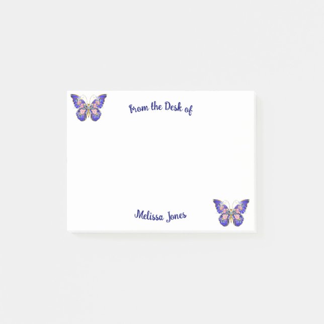Cute Blue Pink Gold Butterfly Floral Name Post-it Notes (Front)
