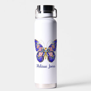 Cute Blue Pink Gold Butterfly Floral Name Water Bottle