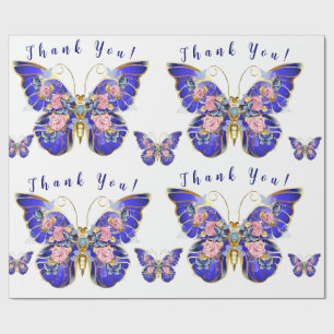 Cute Blue Pink Gold Butterfly Floral Thank You Wrapping Paper