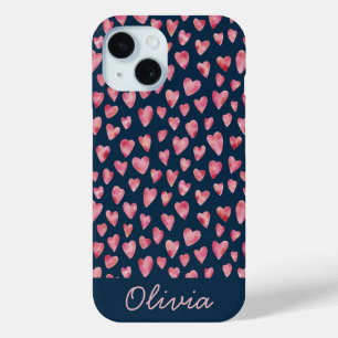 Cute Blue Pink Heart pattern personalised name iPhone 15 Case