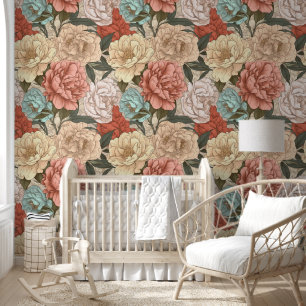 Cute Blue Pink Mauve Peonies Flowers Floral Wallpaper