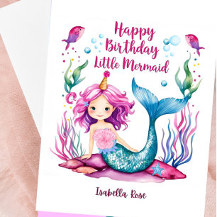 Cute Blue & Pink Mermaid Birthday Card For Girls