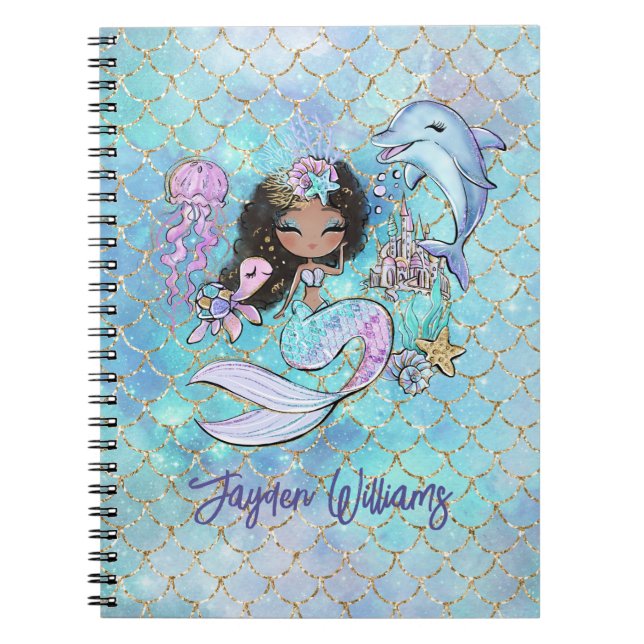 Cute Blue Pink Mermaid School Supplies Girl Name Notebook (Front)