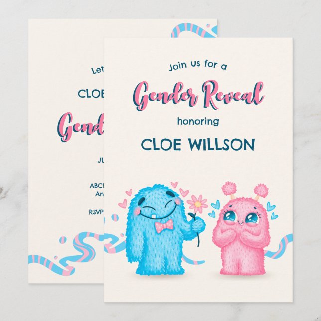 Cute Blue pink Monster gender reveal baby shower  Invitation (Front/Back)