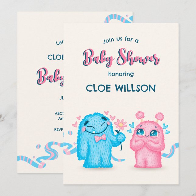 Cute Blue pink Monster gender reveal baby shower  Invitation (Front/Back)