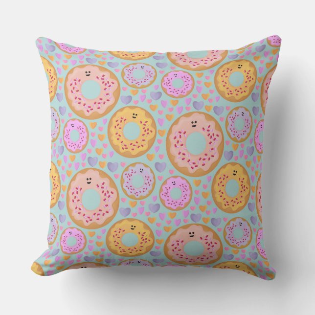Cute Blue Pink Pastel Donuts & Hearts Cushion (Front)