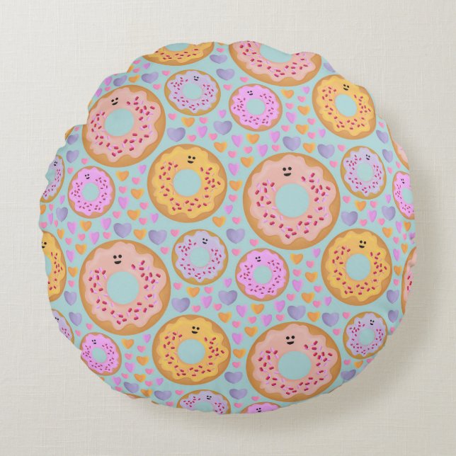 Cute Blue Pink Pastel Donuts & Hearts Round Cushion (Front)