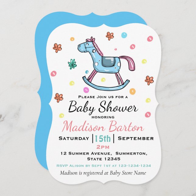 Cute Blue & Pink Rocking Horse Baby Shower Invitation (Front/Back)