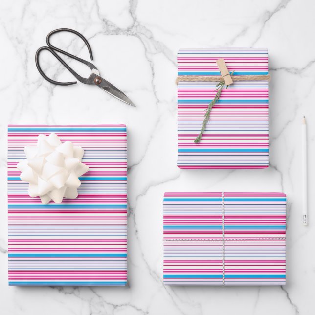 Cute blue pink stripes wrapping paper sheet (Front)