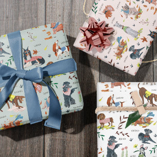 Cute blue pink white Dogs autumn nature pattern Wrapping Paper Sheet