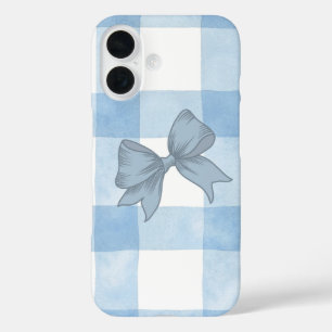 Cute Blue Plaid Bow iPhone Case. 16 Case