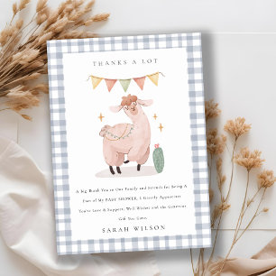 Cute Blue Plaid Cactus Boho Llama Baby Shower Thank You Card