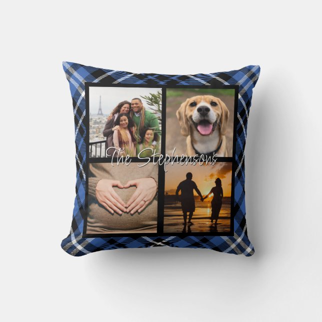 Cute Blue Plaid Family Photo Template Tartan Cushion (Front)
