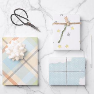 Cute Blue Plaid Mix n Match Baby Shower Wrapping Paper Sheet
