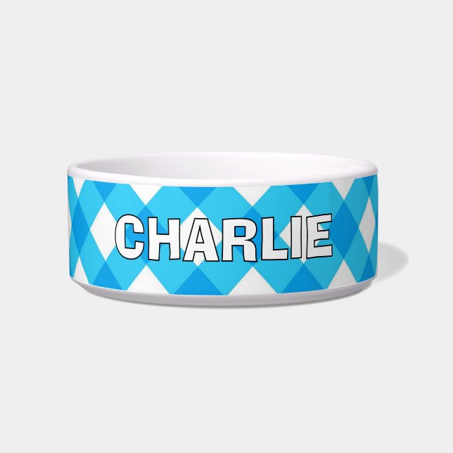 CUTE! 🐕Blue Plaid Pet Bowl – Personalised (Front)