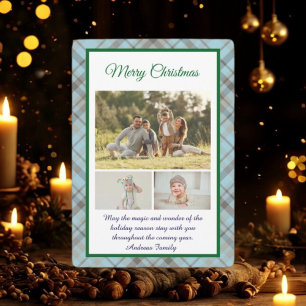 Cute Blue Plaid Portrait Photo Christmas  Holiday Card