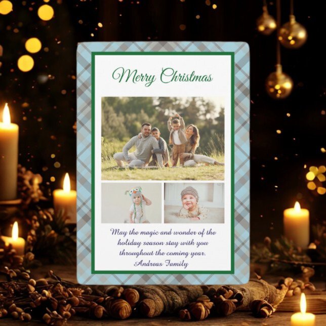 Cute Blue Plaid Portrait Photo Christmas  Holiday Card (Creator Uploaded)