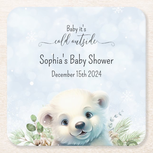 Cute Blue Polar Bear Winter Baby Shower Square Paper Coaster (Front)