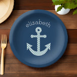 Cute Blue Polka Dot Anchor with Navy Custom Name Paper Plate<br><div class="desc">A trendy and elegant design with dots and preppy colours plus an area to add your name or monogram.</div>
