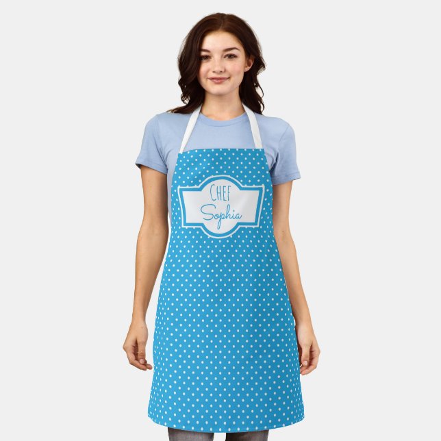 Cute Blue Polka Dot Chef Name Baking Apron (Worn)