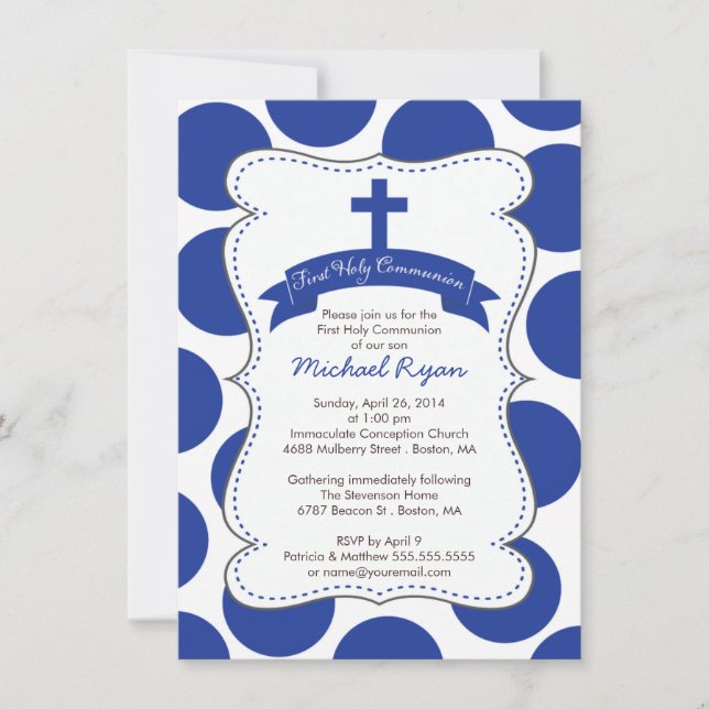 Cute Blue Polka Dots Cross Communion Invitation (Front)