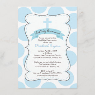 Cute Blue Polka Dots Cross Communion Invitation