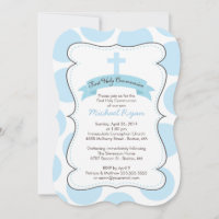 Cute Blue Polka Dots Cross Communion Invitation