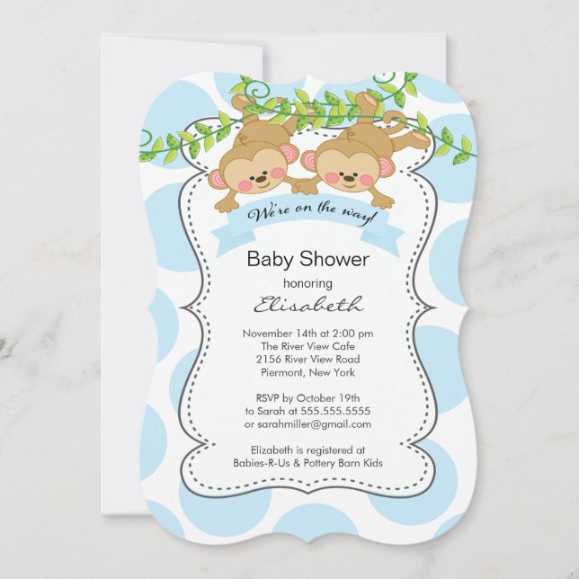 Cute Blue Polka Dots Monkey Boys Baby Shower Invitation (Front)