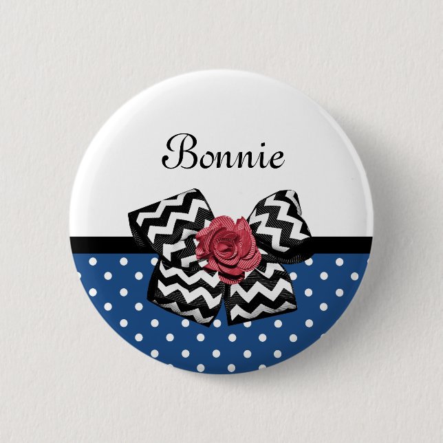 Cute Blue Polka Dots Red Rose Chevron Bow and Name 6 Cm Round Badge (Front)