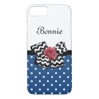 Cute Blue Polka Dots Red Rose Chevron Bow and Name