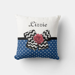 Cute Blue Polka Dots Red Rose Chevron Bow and Name Cushion