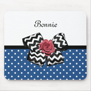 Cute Blue Polka Dots Red Rose Chevron Bow and Name Mouse Pad