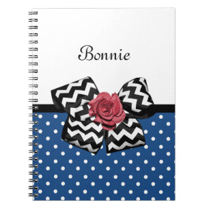 Cute Blue Polka Dots Red Rose Chevron Bow and Name Notebook