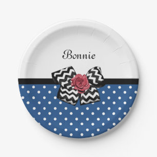 Cute Blue Polka Dots Red Rose Chevron Bow and Name Paper Plate