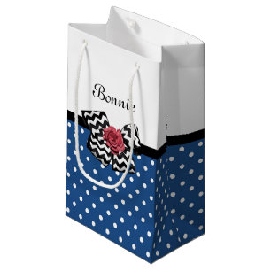 Cute Blue Polka Dots Red Rose Chevron Bow and Name Small Gift Bag