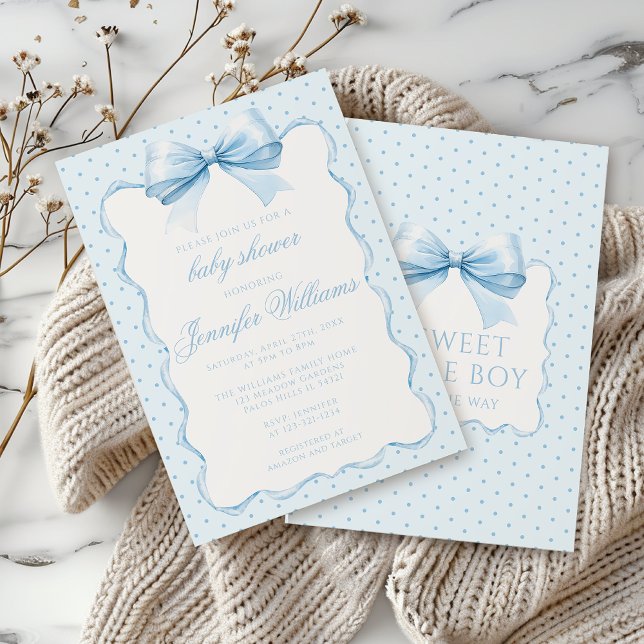 Cute blue polkadot bow ribbon baby boy shower invitation (Creator Uploaded)