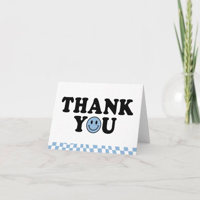 Cute Blue Preppy Smile Birthday Chequered Thank You Card (Front)
