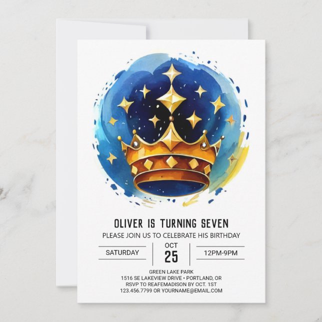  Cute Blue Prince Crown Birthday Invitation (Front)