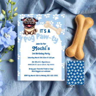 Cute Blue Pug Doggie Birthday Paw-ty Invitation