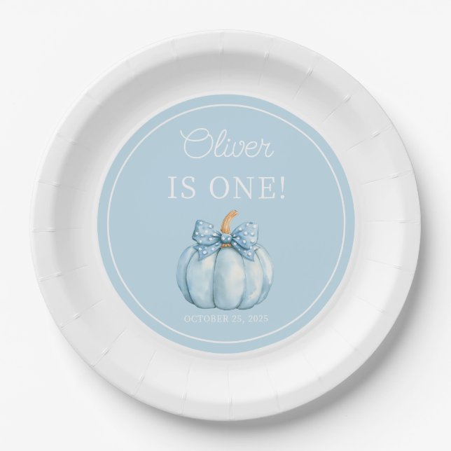 Cute Blue Pumpkin Boy 1st Birthday Paper Plate (Front)