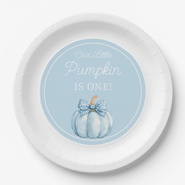 Cute Blue Pumpkin Boy First Birthday Paper Plate (Front)