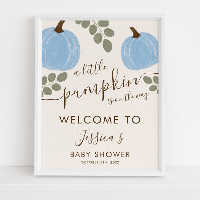 Cute Blue Pumpkin Eucalyptus Baby Shower Welcome Poster (Creator Uploaded)