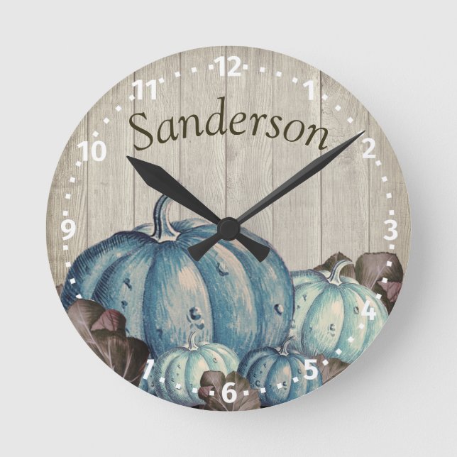 Cute Blue Pumpkin Fall Leaves Rustic Cream Wood  Round Clock (Front)