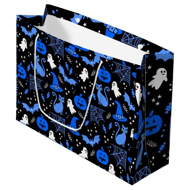 Cute Blue Pumpkin Ghost Halloween Pattern Large Gift Bag (Front Angled)