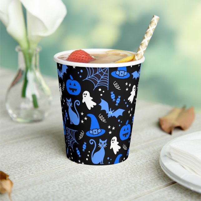 Cute Blue Pumpkin Ghost Halloween Pattern Paper Cups (Insitu)