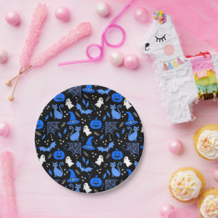 Cute Blue Pumpkin Ghost Halloween Pattern Paper Plate