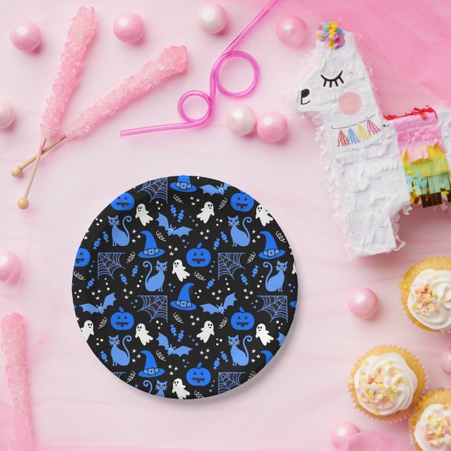 Cute Blue Pumpkin Ghost Halloween Pattern Paper Plate (Party)
